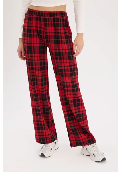 Wide Leg Kareli Kumaş Pijama Pantolon Geniş Bol Paça Beli Cepli Lastikli Normal Bel D9547AX25SP