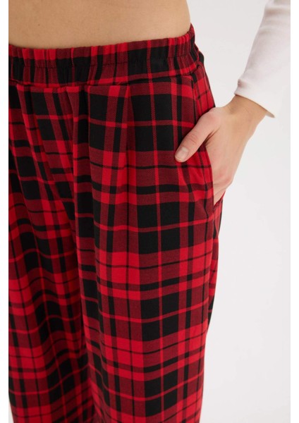 Wide Leg Kareli Kumaş Pijama Pantolon Geniş Bol Paça Beli Cepli Lastikli Normal Bel D9547AX25SP