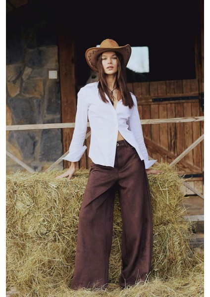 Straight Fit Fermuarlı Yüksek Bel Standart Boy Suni Deri Palazzo Pantolon E7234AX25SP