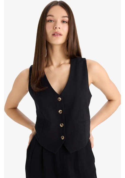 V Yaka Keten Karışımlı Blazer Yelek E6209AX25SP