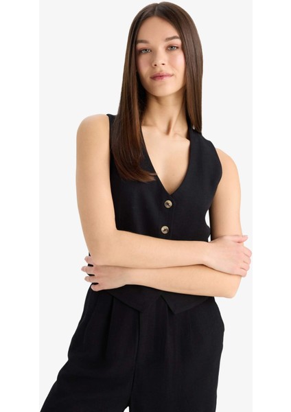 V Yaka Keten Karışımlı Blazer Yelek E6209AX25SP