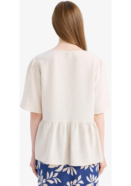 Regular Fit V Yaka Keten Karışımlı Kısa Kollu Bluz E7336AX25SM