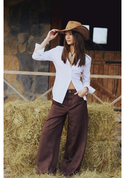 Straight Fit Fermuarlı Yüksek Bel Standart Boy Suni Deri Palazzo Pantolon E7234AX25SP