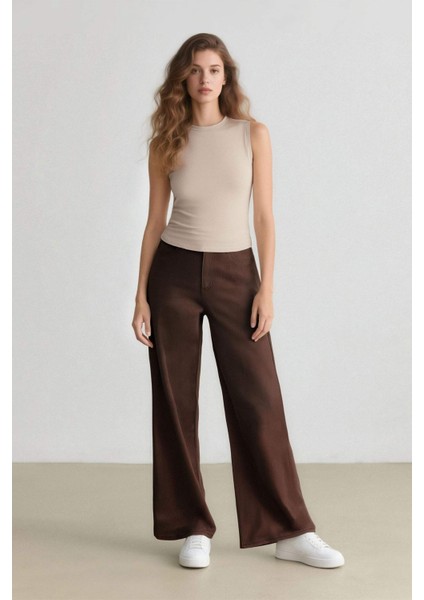 Straight Fit Fermuarlı Yüksek Bel Standart Boy Suni Deri Palazzo Pantolon E7234AX25SP