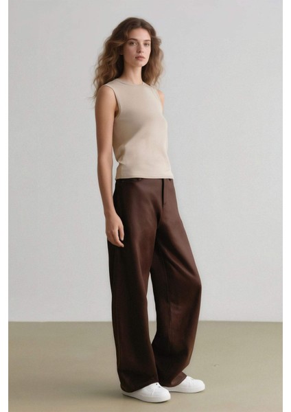 Straight Fit Fermuarlı Yüksek Bel Standart Boy Suni Deri Palazzo Pantolon E7234AX25SP