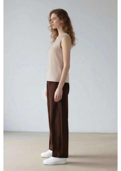 Straight Fit Fermuarlı Yüksek Bel Standart Boy Suni Deri Palazzo Pantolon E7234AX25SP