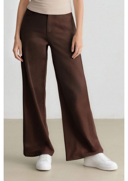 Straight Fit Fermuarlı Yüksek Bel Standart Boy Suni Deri Palazzo Pantolon E7234AX25SP