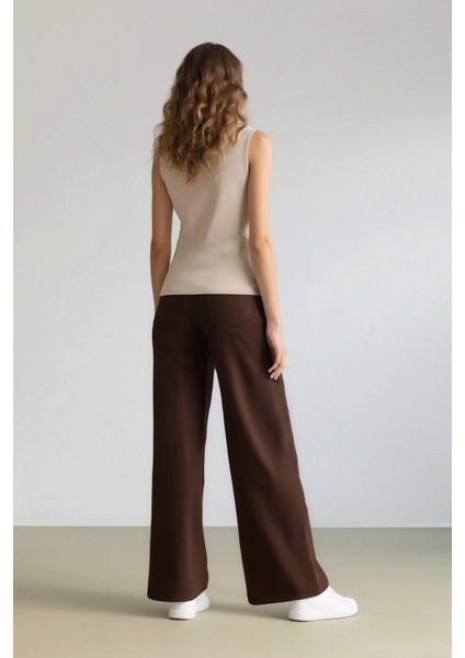 Straight Fit Fermuarlı Yüksek Bel Standart Boy Suni Deri Palazzo Pantolon E7234AX25SP