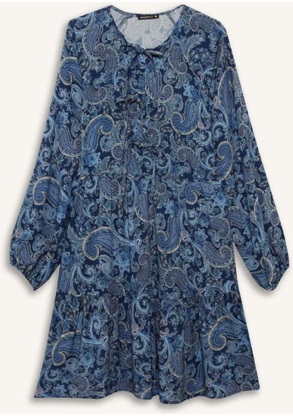 Bisiklet Yaka Desenli Uzun Kollu Mini Elbise E6612AX25SP