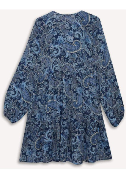 Bisiklet Yaka Desenli Uzun Kollu Mini Elbise E6612AX25SP