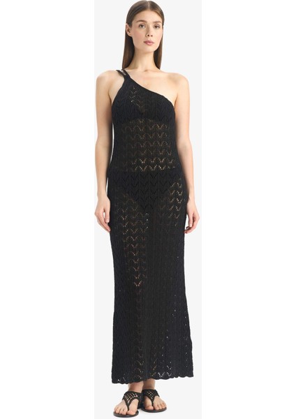 Regular Fit Tek Omuzlu Siyah Triko Plaj Elbisesi-Fall in Love Z9665AZ25HS