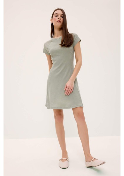 Coool Bisiklet Yaka Basic Düz Fitilli Kaşkorse Kısa Kollu Mini Yazlık Elbise E8134AX25SM