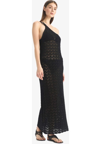 Regular Fit Tek Omuzlu Siyah Triko Plaj Elbisesi-Fall in Love Z9665AZ25HS