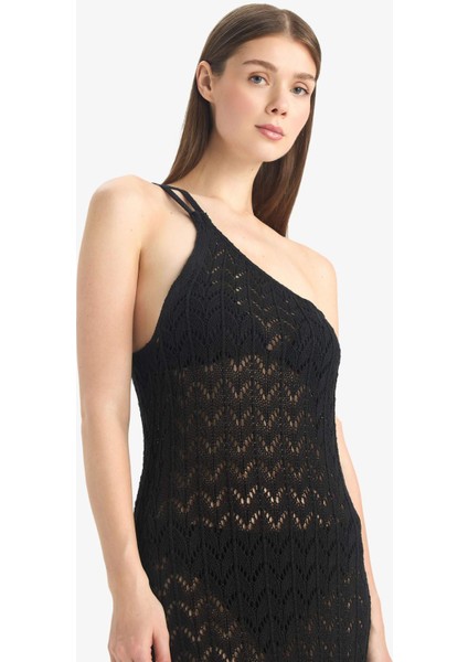 Regular Fit Tek Omuzlu Siyah Triko Plaj Elbisesi-Fall in Love Z9665AZ25HS