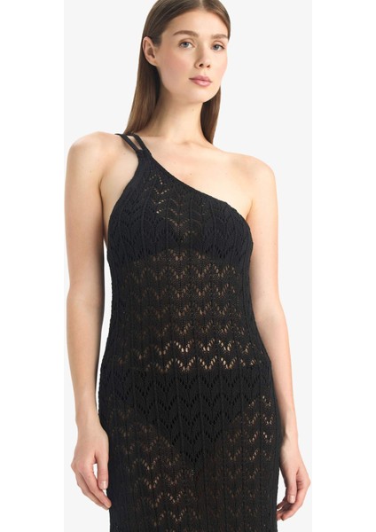 Regular Fit Tek Omuzlu Siyah Triko Plaj Elbisesi-Fall in Love Z9665AZ25HS