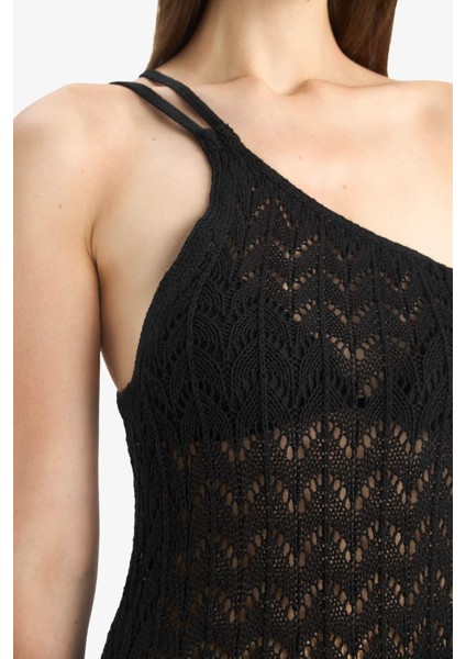 Regular Fit Tek Omuzlu Siyah Triko Plaj Elbisesi-Fall in Love Z9665AZ25HS