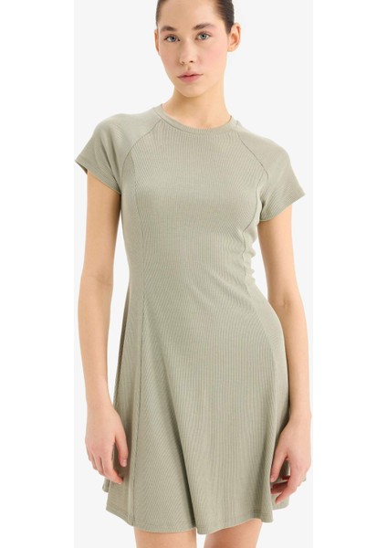 Coool Bisiklet Yaka Basic Düz Fitilli Kaşkorse Kısa Kollu Mini Yazlık Elbise E8134AX25SM