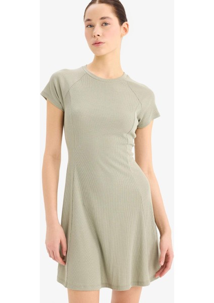 Coool Bisiklet Yaka Basic Düz Fitilli Kaşkorse Kısa Kollu Mini Yazlık Elbise E8134AX25SM