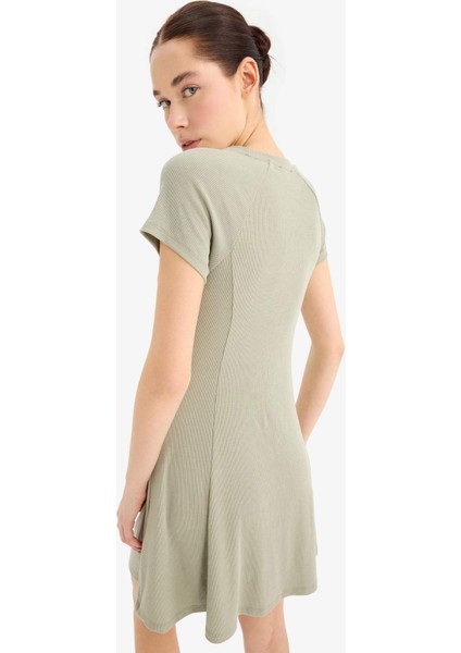 Coool Bisiklet Yaka Basic Düz Fitilli Kaşkorse Kısa Kollu Mini Yazlık Elbise E8134AX25SM