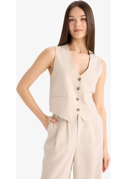 V Yaka Keten Karışımlı Blazer Yelek E6209AX25SP