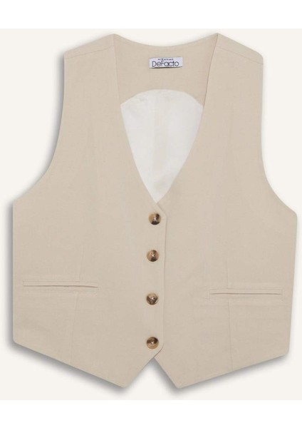 V Yaka Keten Karışımlı Blazer Yelek E6209AX25SP