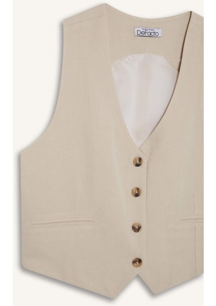 V Yaka Keten Karışımlı Blazer Yelek E6209AX25SP
