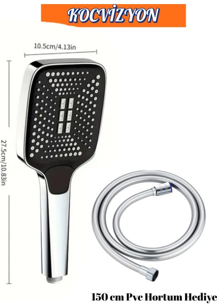 3 Mod'lu Dikdörtgen Yüksek Basınçlı Ayarlanabilir Duş Başlığı ve 150 cm Pvc Hortum Hediye