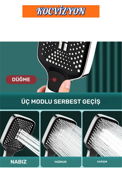 3 Mod'lu Dikdörtgen Yüksek Basınçlı Ayarlanabilir Duş Başlığı ve 150 cm Pvc Hortum Hediye modelleri