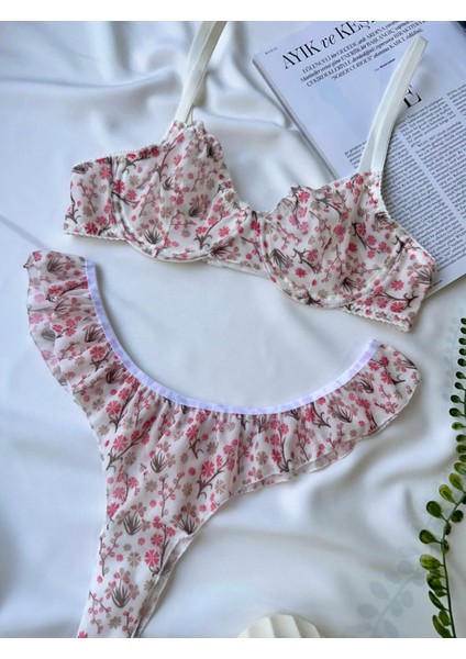 Çiçek Desenli Tül Transparan Dantel Sütyen Takımı Desteksiz Balenli 75B-90B fiyatları