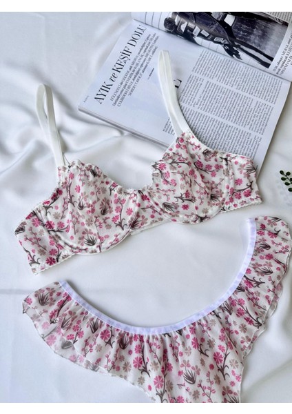 Çiçek Desenli Tül Transparan Dantel Sütyen Takımı Desteksiz Balenli 75B-90B modelleri