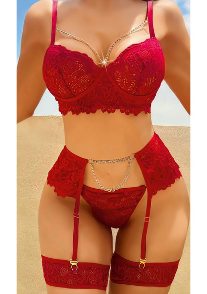 Bordo Zincir Detaylı Dantelli Jartiyer Takımı