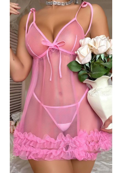 Pembe Transparan Tül Fırfırlı Fantezi Gecelik fiyatları