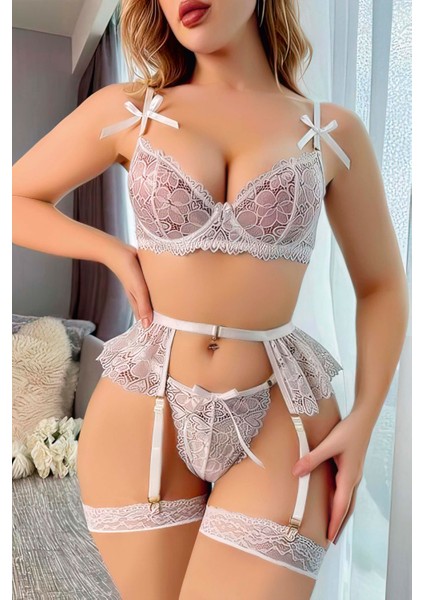 Beyaz Dantel Jartiyer Detaylı Gecelik Takımı