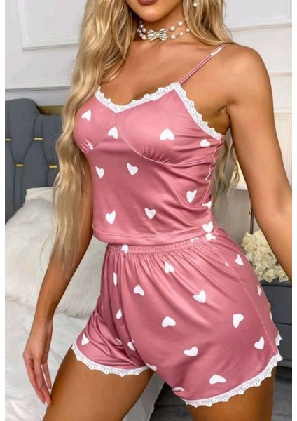 Pudra Pembe Kalp Desenli Askılı Tulum Pijama Takımı fiyatları