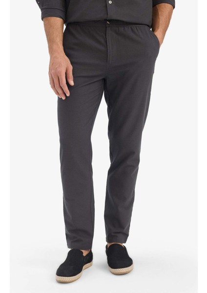 %100 Pamuk Slim Fit Dar Kesim Beli Lastikli Keten Görünümlü Cepli Düz Paça Jogger Pantolon D2671AX25AU