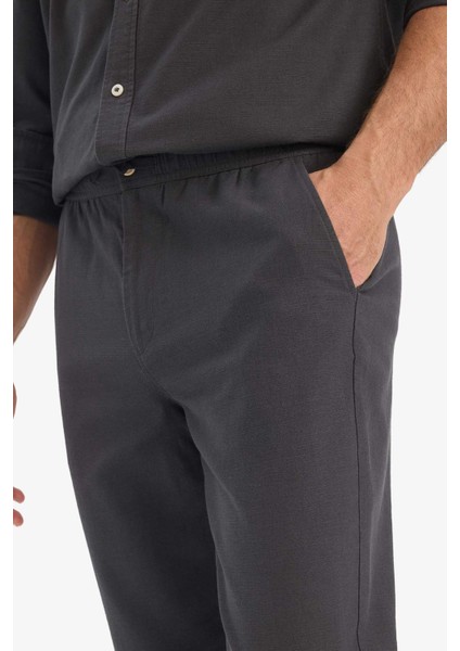 %100 Pamuk Slim Fit Dar Kesim Beli Lastikli Keten Görünümlü Cepli Düz Paça Jogger Pantolon D2671AX25AU
