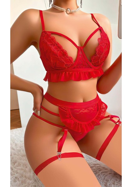 Kırmızı Volan Detaylı Dantelli Jartiyer Takımı modelleri