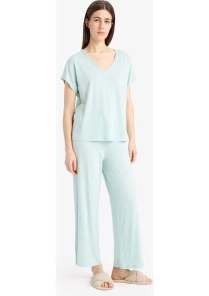 Pijama Takımı Viskon Kısa Kollu Üst Beli Lastikli Uzun Alt-Fall in Love E0264AX25SP