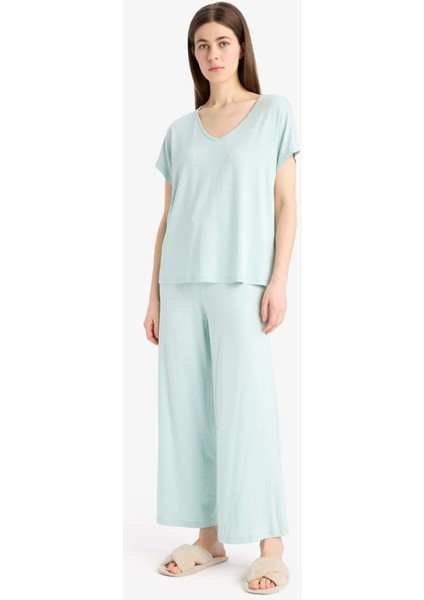 Pijama Takımı Viskon Kısa Kollu Üst Beli Lastikli Uzun Alt-Fall in Love E0264AX25SP