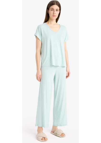 Pijama Takımı Viskon Kısa Kollu Üst Beli Lastikli Uzun Alt-Fall in Love E0264AX25SP