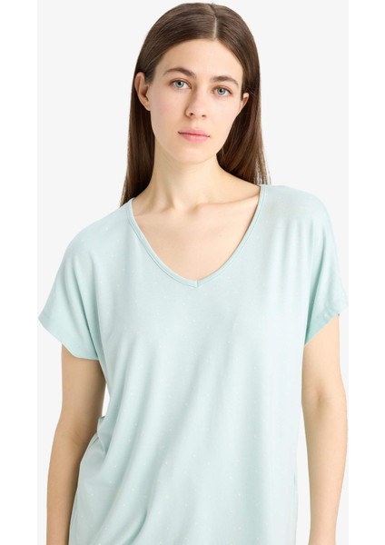 Pijama Takımı Viskon Kısa Kollu Üst Beli Lastikli Uzun Alt-Fall in Love E0264AX25SP