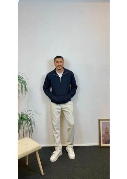 Erkek 3 Iplik Yarım Fermuarlı Kanguru Çepli Sweatshırt SPR24SW22