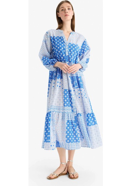 Tropikal Desenli Uzun Kollu Vual Plaj Elbisesi-Fall in Love E7745AX25SP