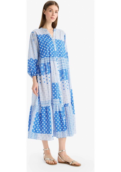 Tropikal Desenli Uzun Kollu Vual Plaj Elbisesi-Fall in Love E7745AX25SP