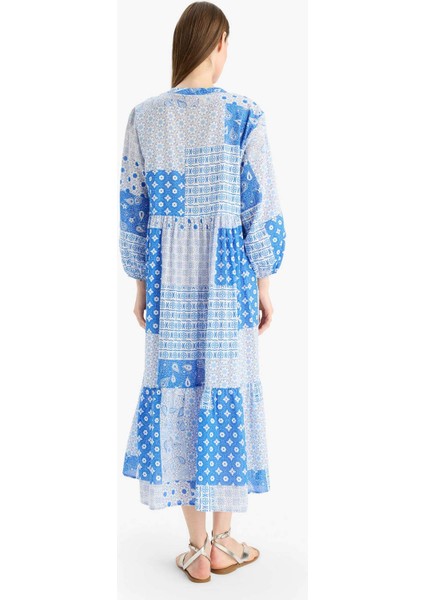 Tropikal Desenli Uzun Kollu Vual Plaj Elbisesi-Fall in Love E7745AX25SP