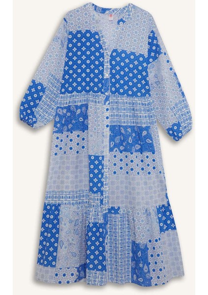 Tropikal Desenli Uzun Kollu Vual Plaj Elbisesi-Fall in Love E7745AX25SP