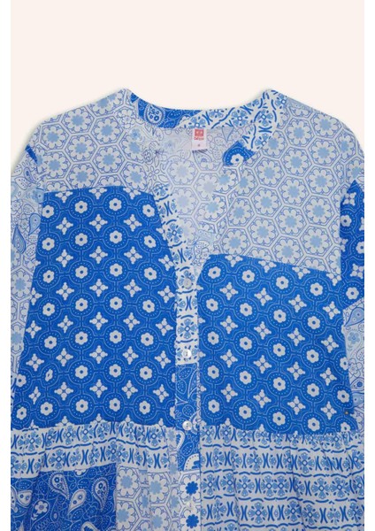 Tropikal Desenli Uzun Kollu Vual Plaj Elbisesi-Fall in Love E7745AX25SP