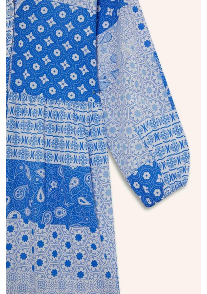 Tropikal Desenli Uzun Kollu Vual Plaj Elbisesi-Fall in Love E7745AX25SP