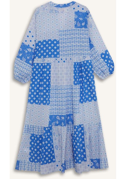 Tropikal Desenli Uzun Kollu Vual Plaj Elbisesi-Fall in Love E7745AX25SP