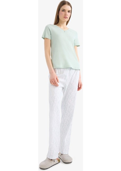 Regular Fit Pijama Takımı Kısa Kollu Üst Desenli Uzun Alt-Fall in Love E0266AX25SP